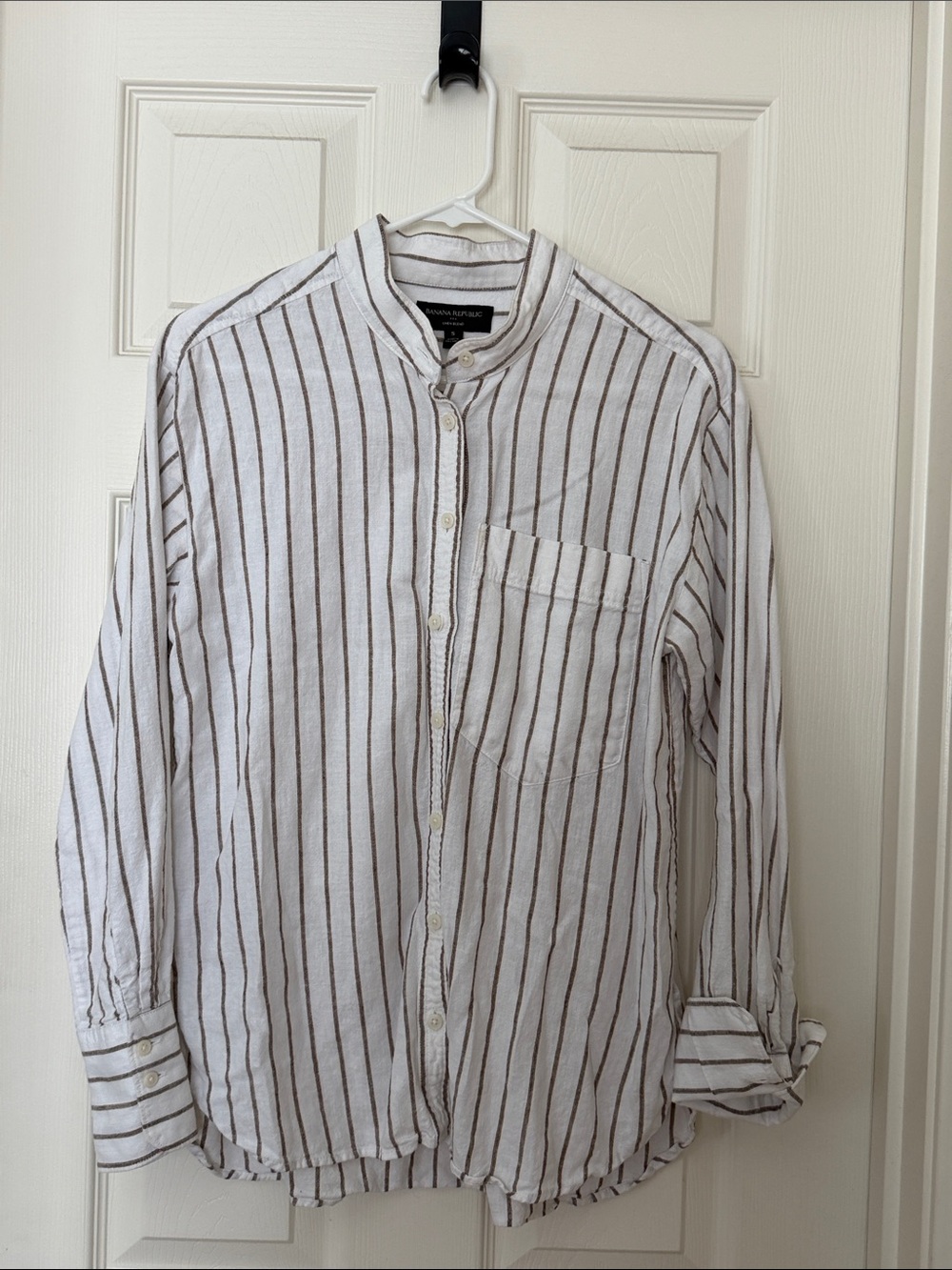 Banana Republic Linen Blend White Shirt with Brown Vertical Stripes